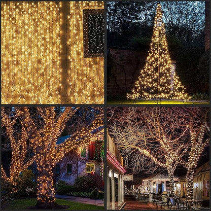 YULETIME 100 ft 300 Count Warm White LED String Lights with 8 Models Adapter, Black Wire Wide Angle 5mm Christmas Lights (Warm White - Black Wire)