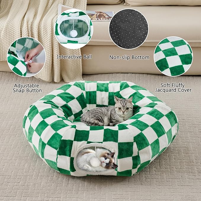 Cat Tunnel for Indoor Cats, Cute Peekaboo Cat Cave with Dangling Balls, Checkered Pet Donut Tunnel Bed with Circle Mat for Puppy Kitten Rabbit, Green/White-Mewly Pet