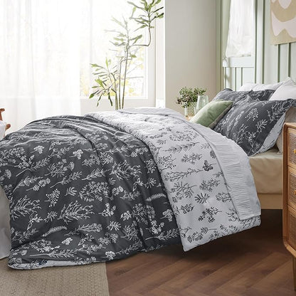 Bedsure California King Comforter Set - Dark Grey Bed Set, 3 Pieces Cute Floral Bedding, 1 Soft Reversible Botanical Flowers Comforter and 2 Pillow Shams