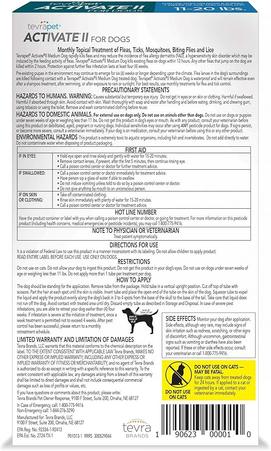 TevraPet Activate II Flea and Tick Prevention for Dogs | 4 Count | Medium Dogs 11-20 lbs | Topical Drops | 4 Months Flea Treatment-Mewly Pet