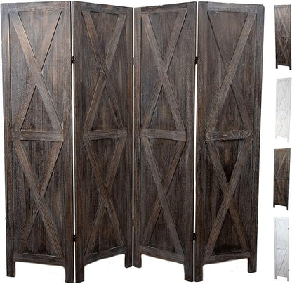 Premium Home 4-Panel Room Divider – Rustic Brown Barn Door, X Pattern Folding Privacy Screen, Partition Wall