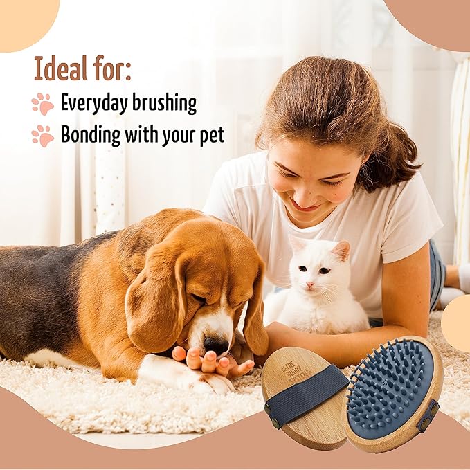 The Buddy System Rubber Pet Close Brush, Soft Touch Oval Palm Brush - Bamboo Massage Handheld with Rubber Bristles and Elastic Band for Dogs and Cats - Gray-Mewly Pet