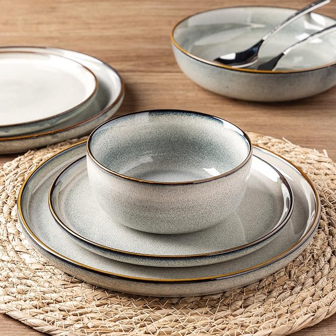 GBHOME Ceramic Dinnerware Sets for 8, 24 Pieces Stoneware Plates and Bowls Sets, Scratch Resistant Dishes, Dishwasher & Microwave Safe, Reactive Glaze-Green Wheat-Mewly Pet