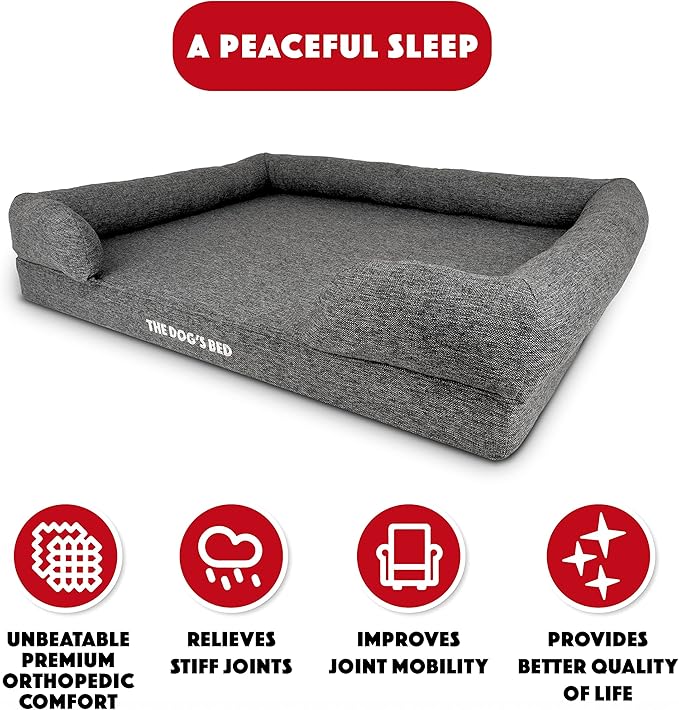 The Dog’s Bed, XL Grey Poly-Linen 43.5x34, Memory Foam, Pain Relief: Arthritis, Hip & Elbow Dysplasia, Post Surgery, Lameness, Supportive, Calming, Waterproof Washable Cover, Veterinary Approved-Mewly Pet