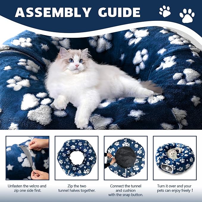 Cat Tunnel for Indoor Cats, Cute Peekaboo Cat Cave with Dangling Balls, Pet Donut Tunnel Bed with Circle Mat for Puppy Kitten Rabbit, Blue Paw-Mewly Pet