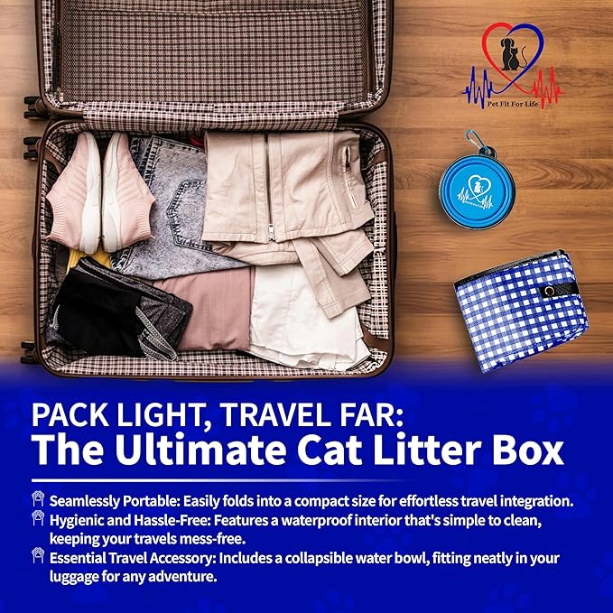 Pet Fit For Life - Vibrant Collapsible Travel Cat Litter Box - Portable, Foldable, Compact Design with Bonus Water Bowl - Ideal for Car & Camping - Reusable, Cats Safe - Blue, (16"x12"x5")-Mewly Pet