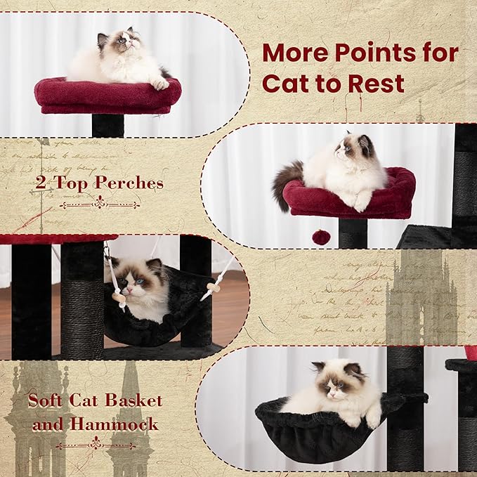 Cat Tree for Indoor Cats, 71'' (180cm) Multi-Level Cat Tower for Large Adult, Gothic Sturdy Cat Tree House with 2 Scratching Boards 7 Posts, 2 Plush Perches/Condos, Hammock, Black GCT032BR-Mewly Pet