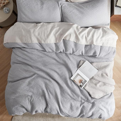 Bedsure Cotton Duvet Cover Set - 100% Cotton Waffle Weave Grey Duvet Cover Oversized King Size, GentleSoft™ and Breathable Bedding Set for All Season, 3 Pieces, 120"x98"