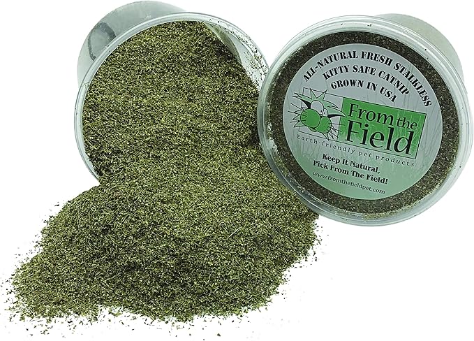 from The Field | Fine Ground Stalkless Catnip | Premium USA-Grown Catnip for Toys & Playtime | Fresh, Potent, Non-Toxic, Eco-Friendly | Safe for Kittens & Cats | Resealable 3.5 oz Tub-Mewly Pet