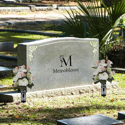 White Artificial Flowers for Cemetery: 2 Pcs Peony Grave Flower Bouquets for Cemetery Decorations - Outdoor Gravesite Flowers with Vase
