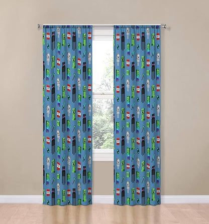 Jay Franco Kids Window Drapes - 4 Piece Curtain Set Includes 2 Tiebacks, Beautiful Bedding Room Décor and Easy Set Up, Blue - Minecraft, 84 Inch