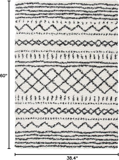 SAFAVIEH Arizona Shag Collection Accent Rug - 3'2" x 5', Ivory & Black, Moroccan Design, Non-Shedding & Easy Care, 1.6-inch Thick Ideal for High Traffic Areas in Foyer, Living Room, Bedroom (ASG741Z)