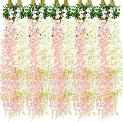 Giegxin 24 Pcs Artificial Wisteria Hanging Flowers 3.6 ft Artificial Fake Wisteria Vine Rattan Hanging Garland Silk Flowers String for Wall Home Wedding Party Greenery Decorations (Pink,White)