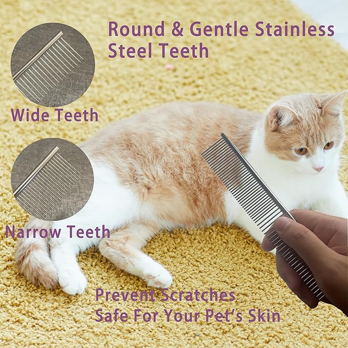 Cat Grooming Brush Kit 6 Tools - Deshedding & Dematting for Long/Short Hair, Self-Cleaning Slicker Brush with 6-in-1 Flea Comb for Cats & Kittens (Blue)-Mewly Pet
