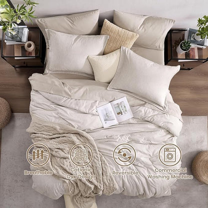 Monbix California King Comforter Set - 7 Pieces Cationic Dyeing Oatmeal Bed in a Bag Cal King Bed Sets with Comforter, Sheets, Pillowcases & Shams, Reversible Bedding Comforters Sets (108 * 92)