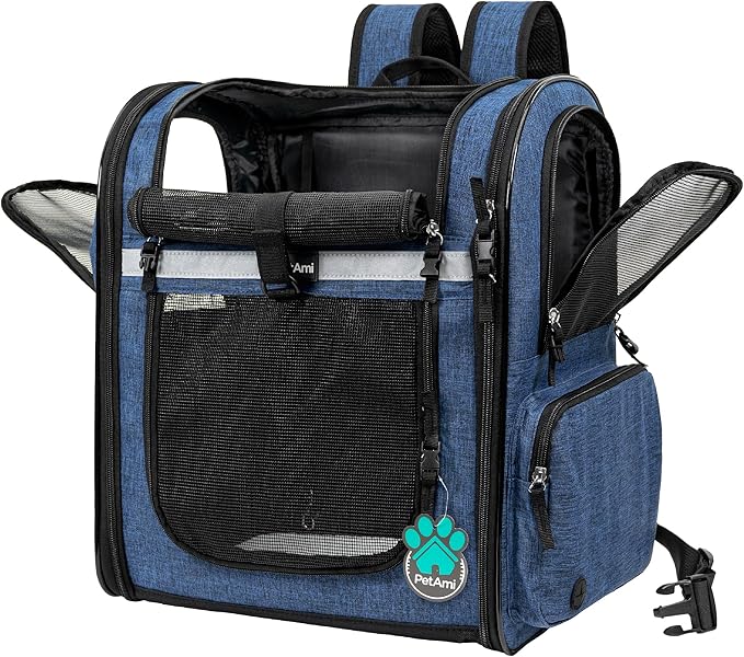 PetAmi Dog Backpack Carrier for Small Large Cat, Pet, Puppies, Ventilated Pet Hiking Backpack Travel Bag, Airline Approved Cat Backpack Carrier, Safety Back Support, Camping Biking, Max 18 lbs, Navy-Mewly Pet