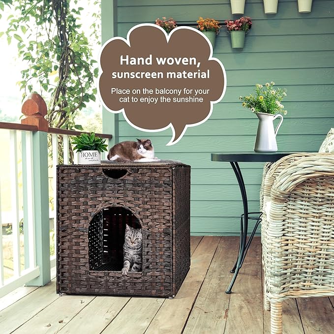 Cat Litter Box Enclosure with Litter Trapping Mat; Handwoven Plastic Rattan Kitten House; No Installation Hidden Cat Washroom; Pet Crate for Balcony,Bedroom,Living Room-Mewly Pet