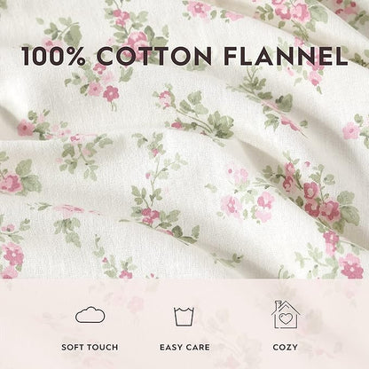 Laura Ashley Home | Flannel Collection | Premium Ultra Soft Cozy Lightweight Cotton Flannel Bedding Sheet Set, Wrinkle, Anti-Fade, Stain Resistant & Hypoallergenic, Twin, Audrey Pink (201589)