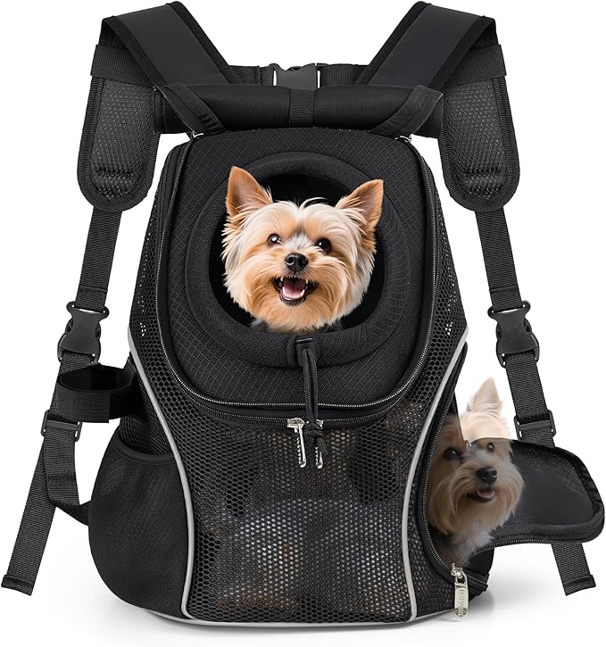 WOYYHO Pet Dog Carrier Backpack with Top and Side Windows, Small Dog Front Backpack Ventilated Mesh Dog Back Pack with Safety Belt for Travel Hiking Outdoor Adventures (Size M: 5-9 lbs, Black 2.0)-Mewly Pet