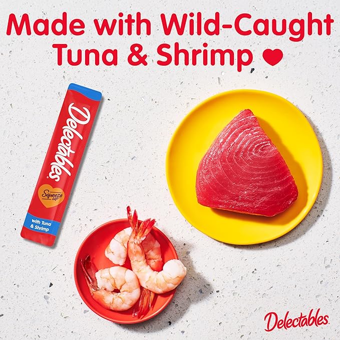 Delectables Squeeze Up Creamy Squeezable Puree, Lickable Wet Cat Treats, Grain Free, No Added Fillers, No By-Products, No Added Preservatives, 0.5 Ounces Tuna & Shrimp, 32 Tubes Total-Mewly Pet