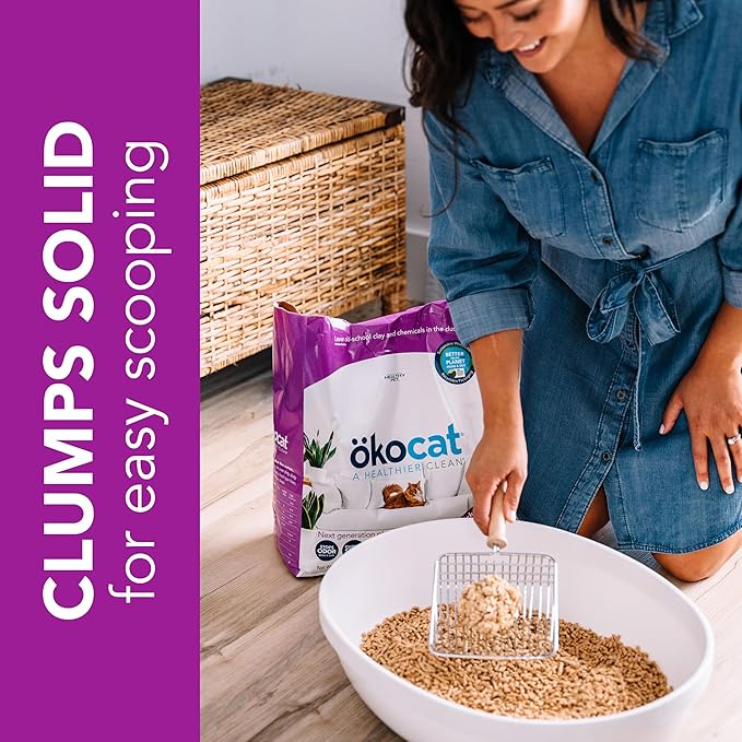 ökocat Less Mess Low Tracking Wood Clumping Cat Litter Mini- Pellets, Unscented, 21.5 pounds - Natural Ingredients, Stops Odor, Clumps Solid, 99% Dust Free, Great for Long-Hair Breeds-Mewly Pet