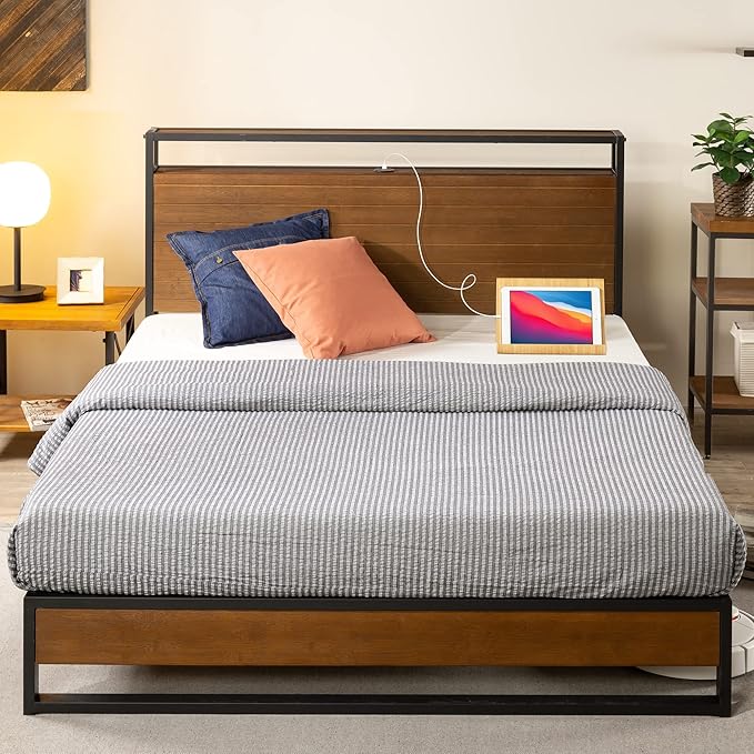 ZINUS Suzanne Bamboo and Metal Platform Bed Frame with Headboard Shelf and USB Ports, No Box Spring Needed, Wood Slat Support, Easy Assembly, King
