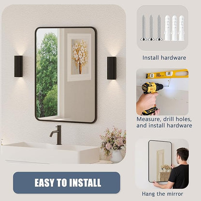 Black Bathroom Mirror for Over Sink - 22×30 Rectangle Bathroom Vanity Mirror Wall Mounted with Matte Aluminum Frame & Rounded Corners, Shatterproof Tempered-Glass, Horizontal/Vertical