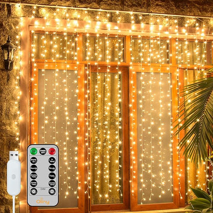 Ollny Curtain Lights 6.6x6.6ft, 200 LED String Lights with Remote 8 Modes Dimmable Timer, USB Power Fairy Light for Bedroom Backdrop Indoor Wall Window Christmas Decorations, Warm White