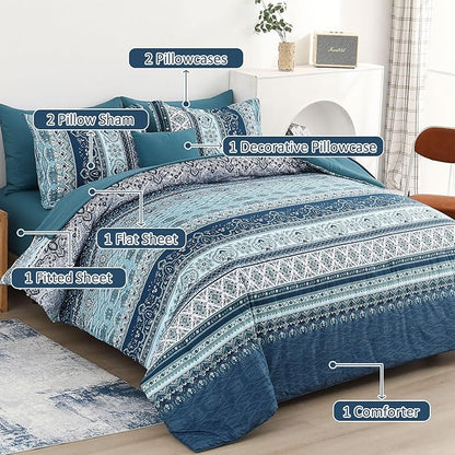 Boho Full Size Comforter Set 8 Pieces, Teal Blue Comforter Bohemian Striped Bed in A Bag, Soft Microfiber Bedding Set for All Seasons