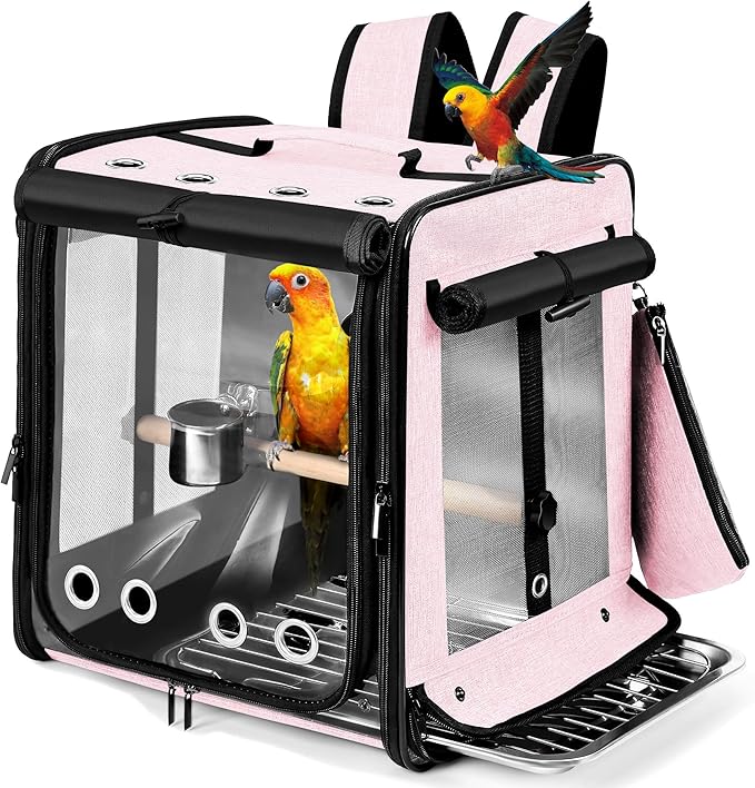 Suertree Bird Carrier with Seat Belt for Car Travel, Bird Backpack Carrier with Indestructible Stainless Steel Mesh, Large Bird Carrier Travel Cage, Pink-Mewly Pet