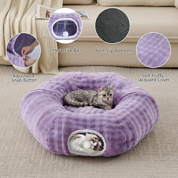 Bubble Cat Tunnel for Indoor Cats, Round Peekaboo Cave Toy with Dangling Balls, Donut Tunnel Bed with Circle Mat for Puppy Kitten Rabbit, Dusty Purple-Mewly Pet