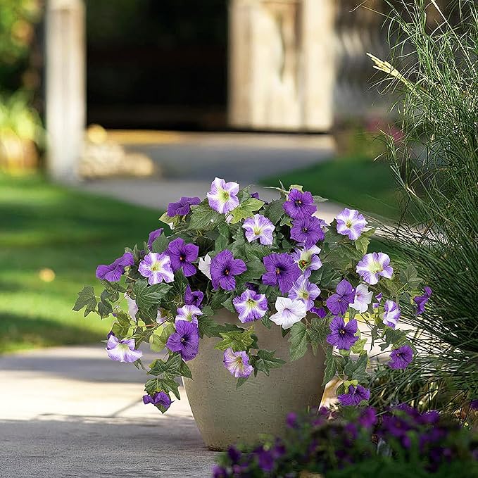 Artificial Fake Flowers Plants for Outdoor Decoration, 2PCS Faux Petunias Silk Flower UV Resistant No Fade for Home Outside Garden Balcony Yard Porch Realistic Indoor Decor (Purple White)