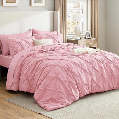 Bedsure Full Comforter Set Baby Pink - Bed in a Bag Full Size Bedding Set 7 Pieces, GentleSoft™ Pintuck Bed Set Gift for Family, Pinch Pleat All Season Comforter with Sheets, Pillowcases & Shams