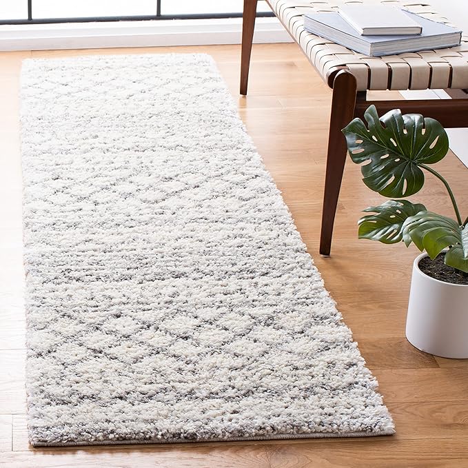 SAFAVIEH Arizona Shag Collection Area Rug - 2'3" x 16' Runner, Ivory/Grey, Geometric Design, Plush 1.6 Inch Thick Ideal for High Traffic Areas in Living Room, Bedroom, Dining (ASG741F)