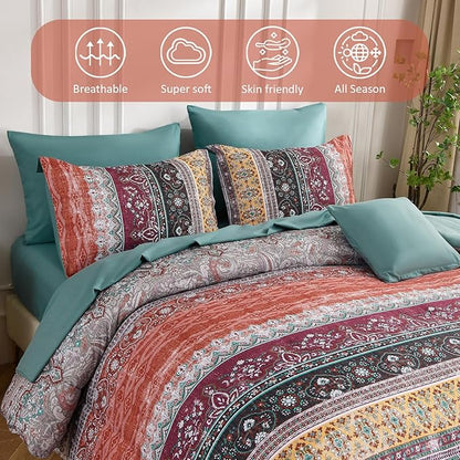 Boho King Size Comforter Set 8 Pieces, Orange and Green Bohemian Striped Bed in a Bag, Paisley Soft Microfiber Bedding Comforter Set