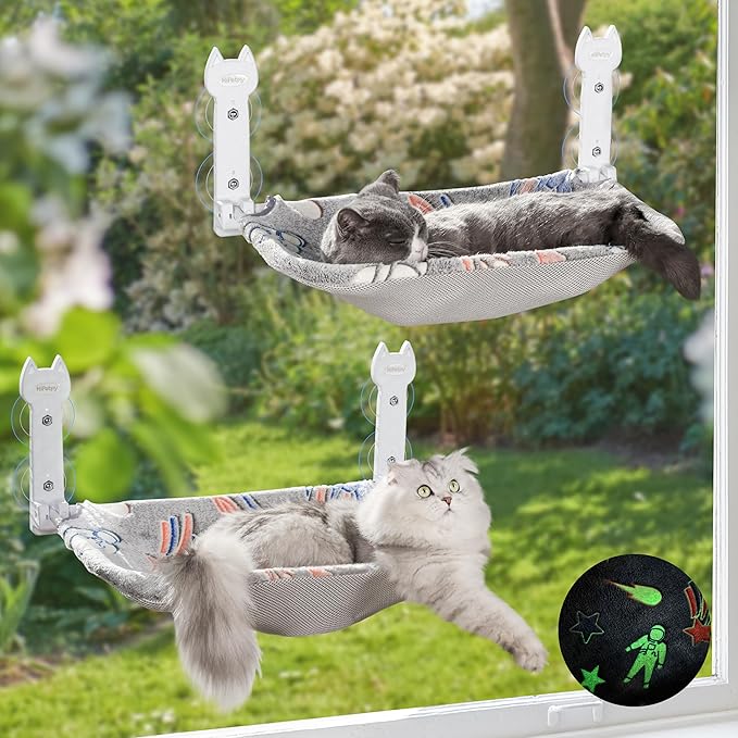 2 Pack Cat Window Perch, Glow in The Dark Foldable Cat Hammock with Sunken Design & Removable Soft Cover, Breathable Cordless Window Bed for Resting Indoor Kitten (Shallow Perch, 2 Pack - L)-Mewly Pet