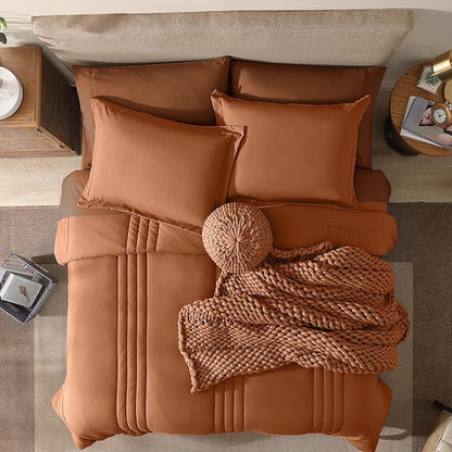 Monbix King Size Comforter Set - 7 Pieces Bed in a Bag King, Burnt Orange Bedding Sets with Comforter, All Seasons Down Alternative Comforter Bed Set with Sheets, Pillowcases & Shams