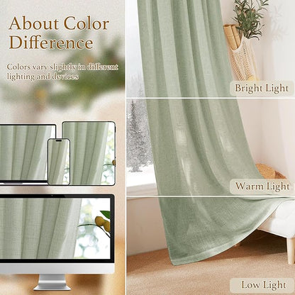 RYB HOME Extra Long Linen Curtains 120 inches for Living Room, Light Filtering Privacy Protection Vertical Decorative 2 Panels Set Window Treatments for Bedroom, Sage Green, W 52 x L 120 inches
