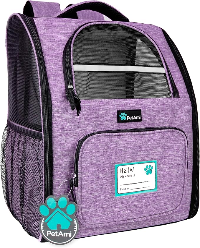 PetAmi Dog Backpack Carrier for Small Large Cat, Pet, Puppy, Ventilated Pet Hiking Backpack Travel Bag, Airline Approved Cat Backpack Carrier, Camping Biking Dog Bag Up to 18lbs Pet, Purple-Mewly Pet