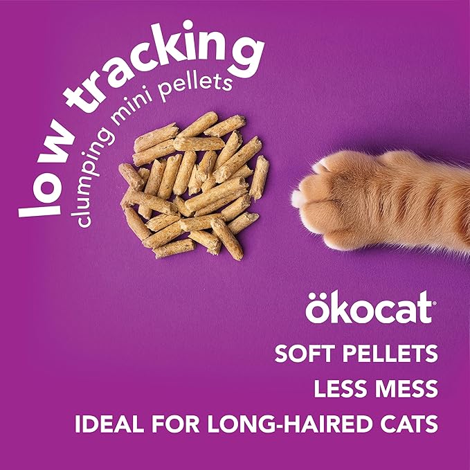 ökocat Less Mess Low Tracking Wood Clumping Cat Litter Mini- Pellets, Unscented, 18.6 pounds - Natural Ingredients, Stops Odor, Clumps Solid, 99% Dust Free, Great for Long-Hair Breeds-Mewly Pet