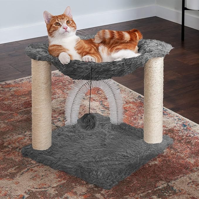 Furhaven 15.75" Tall Playground for Indoor Cats, Ft. Sisal Scratching Posts, Self-Grooming Brush, & Toy - Tiger Tough Hammock Interactive Playground - Silver, One Size-Mewly Pet