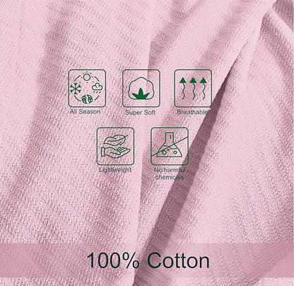 COTTON CRAFT Soft Cotton Thermal Blanket - Plush Herringbone Twill - All Season Luxurious Breathable Skin Friendly Lightweight Cooling Throw Blanket - Sofa Couch Travel Camping Dorm - Twin Light Pink