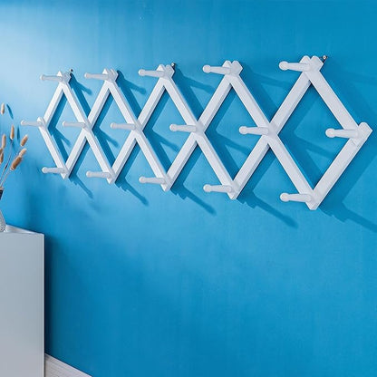 SKOLOO Accordion Wall Hanger with 16 Hooks, Modern Expandable Coat Rack Hat Rack for Wall, Solid Wooden, White