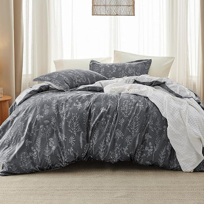 Bedsure King Comforter Set - Dark Grey Bed Set, 3 Pieces Cute Floral Bedding, 1 Soft Reversible Botanical Flowers Comforter and 2 Pillow Shams
