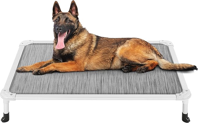 Veehoo Chew Proof Elevated Dog Bed - Cooling Raised Pet Cot - Silver Aluminum Frame and Durable Textilene Mesh Fabric, Unique Designed No-Slip Feet for Indoor or Outdoor Use, Black Silver, Large-Mewly Pet