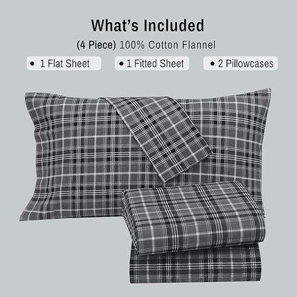 RUVANTI Flannel Sheets Full Size - 100% Cotton Double Brushed Bed Sheets Set, Deep Pockets 16 Inches, All Seasons Breathable & Extra Soft Full Sheets, Warm & Cozy, 4 Piece, Grey Plaid