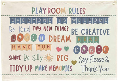 Sioial Playroom Kids Toddler Room Wall Decor, Play Room Rules Wall Decor for Kids Play Game Room Bedroom Nursery Home School Playroom Essentials,Canvas Hanging Banner Poster 28.5x20 Inch
