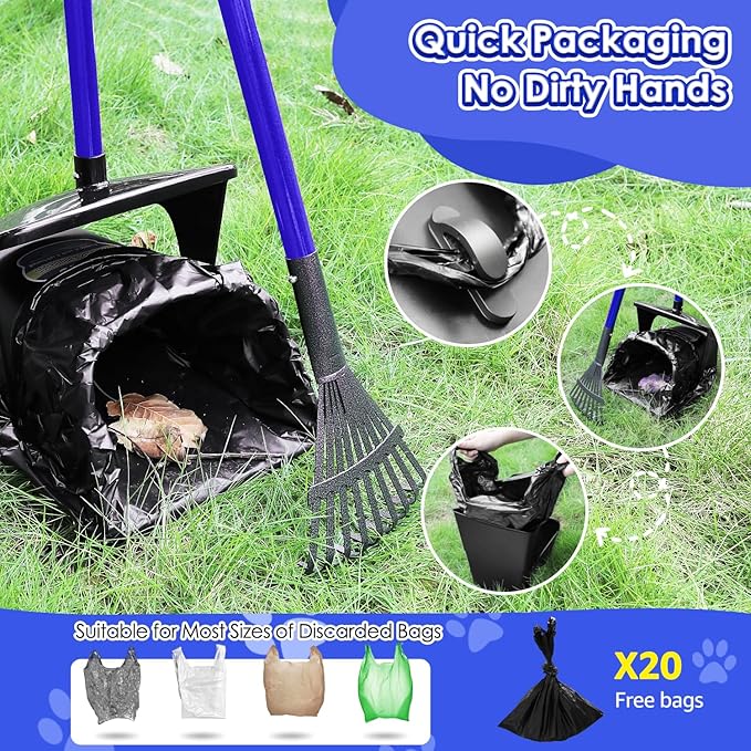Lukovee Dog Pooper Scooper, 37.4" Long Adjustable Metal Handle Swivel Bin & Rake & Spade Kit with 20 Poop Bags, Portable Dog Non-Breakable Poop Scooper for Gravel Yard Lawn Grass, Blue-Mewly Pet