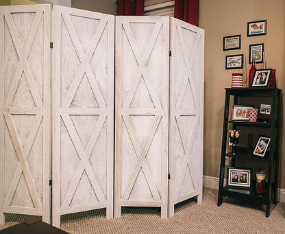 Premium Home 4-Panel Room Divider – Rustic White Barn Door, X Pattern Folding Privacy Screen, Partition Wall