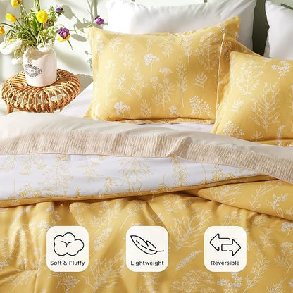 Bedsure Queen Comforter Set - Yellow Bed Set, 3 Pieces Cute Floral Bedding, 1 Soft Reversible Botanical Flowers Comforter and 2 Pillow Shams